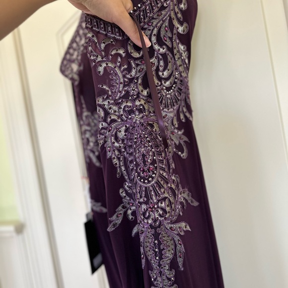 Sophisticated Maxi Eggplant Evening Gown w Tasteful Train and Silver Beading